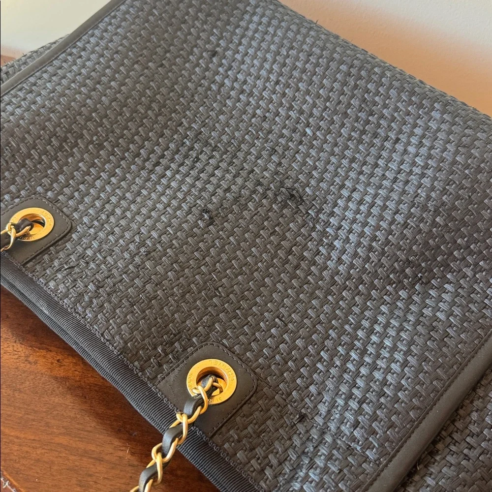 CHANEL Straw Raffia‎ Calfskin Chain Deauville Tote Black